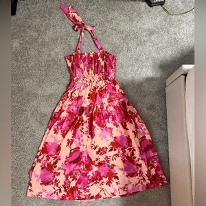 PrettyLittleThing Pink and Red Floral Dress with Tie Up